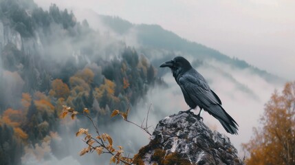 Canvas Print - A Raven Perched on a Rock Against a Misty Mountain Landscape