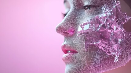 Canvas Print - Abstract Pink Digital Face with Geometric Mesh and Depth of Field