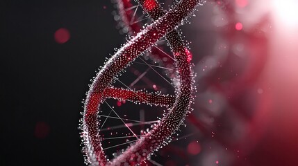 Poster - Abstract Red DNA Helix with Glowing Particles and Lines