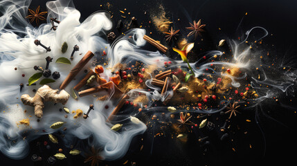 Wall Mural - Masala tea is a drink native to the Indian subcontinent, obtained by brewing tea with a mixture of Indian spices and herbs. Fragrant spices are scattered all over the black table