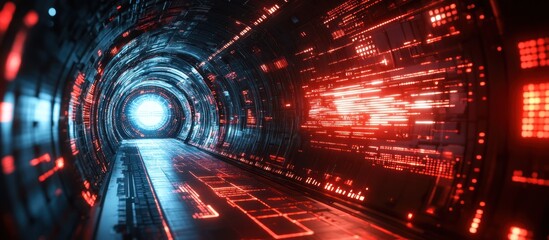 Wall Mural - futuristic tunnel with glowing red and blue lights and data displays.
