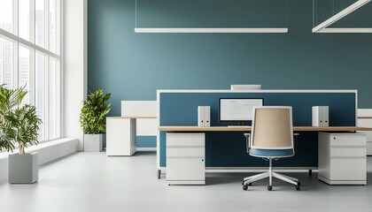 Modern office interior design featuring stylish furniture and natural plants, creating a productive atmosphere.