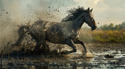 Wall Mural - Dark Horse Running Through Mud and Water