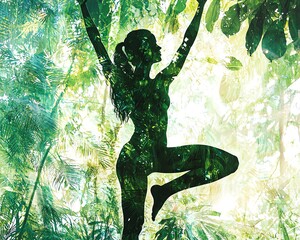 Flowing silhouette of a yoga practitioner in tree pose, double exposed with a lush rainforest canopy, dappled sunlight through leaves