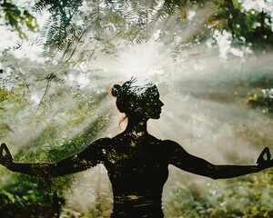 Flowing silhouette of a yoga practitioner in tree pose, double exposed with a lush rainforest canopy, dappled sunlight through leaves