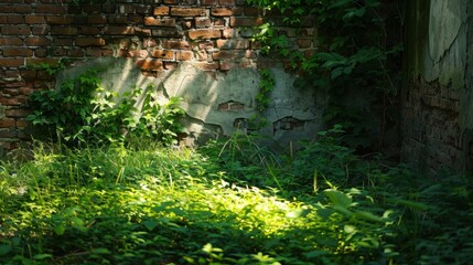 Poster - Overgrown Urban Wall with Sunlight and Shadows