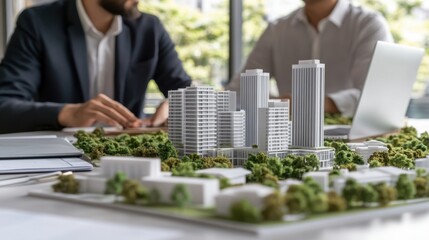 Wall Mural - Two business professionals leaning over a laptop, with miniature building models in focus on the table, discussing real estate and urban planning.