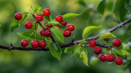 Sticker - Fresh Red Cherries on Branch with Green Leaves