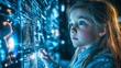 © Peachaya - A young girl interacts with futuristic technology, filled with wonder and curiosity. The concept of advanced innovations and the future of learning. Generative AI.