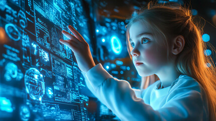 a young girl interacts with futuristic technology, filled with wonder and curiosity. the concept of 