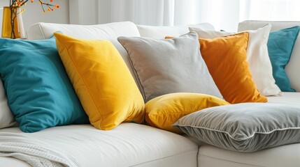 Poster - Cozy Sofa with Colorful Cushions in Bright Room