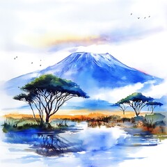 Wall Mural - Watercolor Painting of a Mountainous Landscape with Trees and a River.