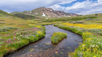 Sticker - Serene Mountain Stream Surrounded by Vibrant Wildflowers