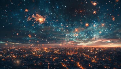 Wall Mural - a night cityscape with fireworks exploding in the sky.
