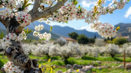 Sticker - Blossoming Tree Branch in Scenic Spring Landscape