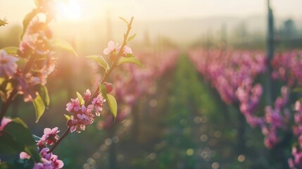 Wall Mural - Blossoming Fruit Orchard at Sunset