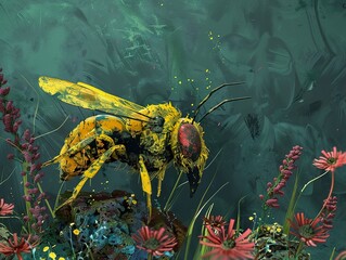 Wall Mural - abstract bee in a floral garden: a digital art painting