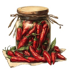 Canvas Print - Red Chili Peppers in a Glass Jar with a Wooden Lid.