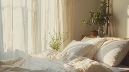 Poster - Cozy Bedroom with Natural Light and Greenery