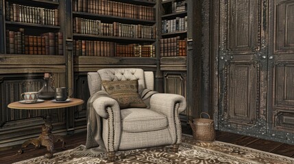 Sticker - Cozy Reading Nook with Vintage Library Atmosphere