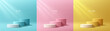© Riseness - Set of steps 3D round podium background in blue, pink and yellow color. Abstract composition in minimalist design. Studio display showroom stand product pedestal, Fashion stage showcase mockup scene.