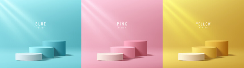 set of steps 3d round podium background in blue, pink and yellow color. abstract composition in mini
