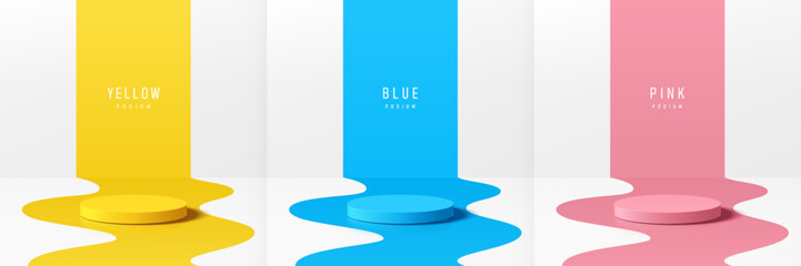 Wall Mural - set of 3d podium with blue, pink, yellow in wavy shape floor on white background. abstract geometric