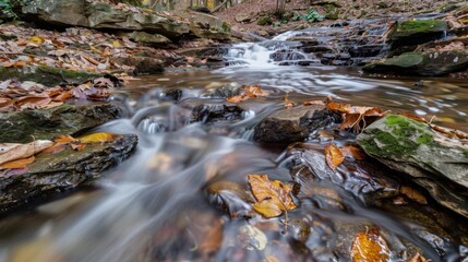 Poster - Serene Stream with Flowing Water and Autumn Leaves