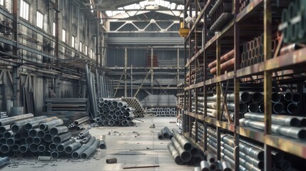 Industrial Warehouse with Stacks of Metal Pipes