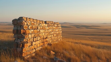 Wall Mural - Abandoned Wall in a Serene Landscape at Sunset