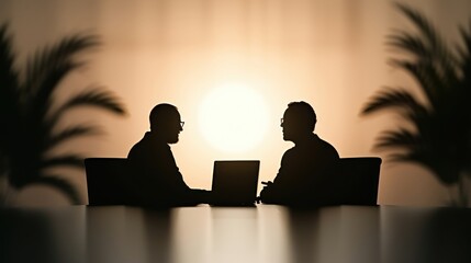 Two silhouettes converse against a sunset backdrop, with palm leaves creating a serene atmosphere, highlighting connection and dialogue.