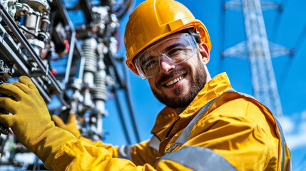 electrical engineer wearing protective gear, smiling confidently while working on electrical equipment under clear blue sky. His bright yellow uniform and safety helmet highlight his professionalism