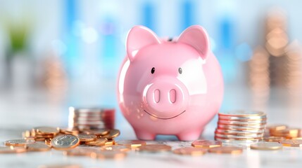 A pink piggy bank surrounded by coins, symbolizing saving and financial management.