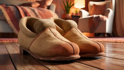 A pair of old shoes are on a rug and a fireplace in the background.