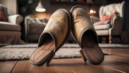 A pair of old shoes are on a rug and a fireplace in the background.