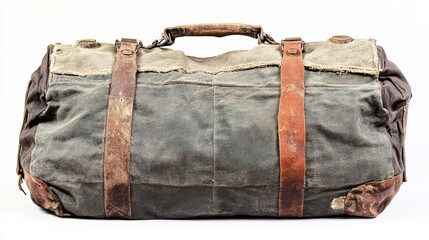 Old duffel bag with worn fabric and faded color