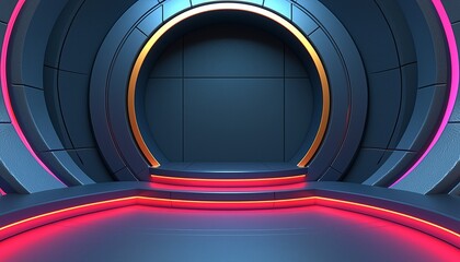 Wall Mural - Futuristic Neon Lit Stage with Curved Platform and Circular Wall