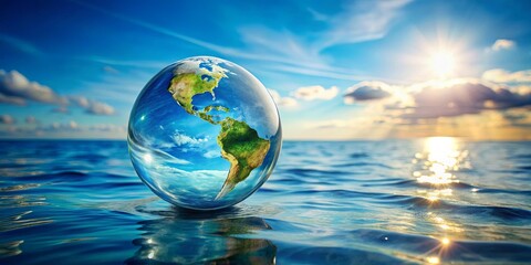 Canvas Print - A Glass Orb Encapsulating Earth Reflecting in Calm Ocean Water Under a Bright Sunny Sky