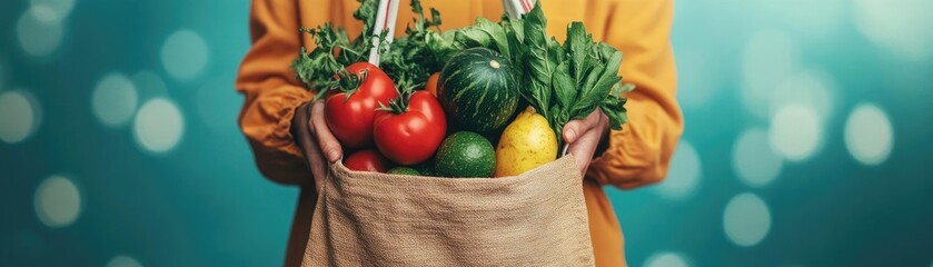 A person carrying a reusable shopping bag, filled with organic produce from a local market