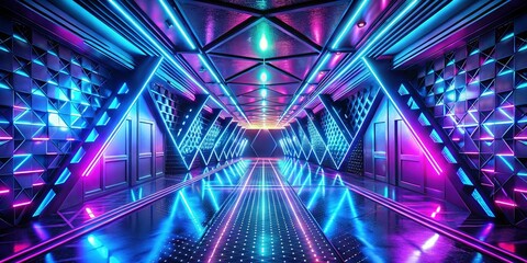 Wall Mural - A futuristic corridor with vibrant neon lights illuminating geometric patterns on the walls and floor. The luminous path draws the viewer towards a distant, glowing portal.