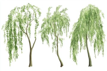 three weeping willow trees with lush green foliage