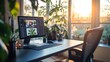 © IMAGINIAC - Modern Workspace with Computer, Plants, and Sunlight Streaming Through Window