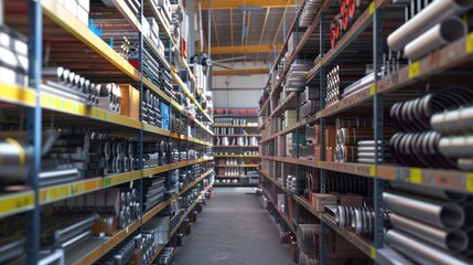 Metal pipes and parts stacked on shelves in a warehouse