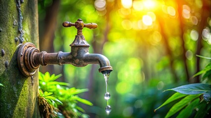 Canvas Print - A Rustic Faucet Dripping Water in a Lush Green Forest, Bathed in the Golden Light of the Setting Sun