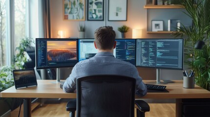 Programmer Working on Code at Home Office Desk with Multiple Monitors