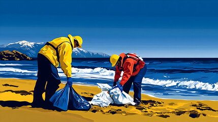 two volunteers clean up trash on a sandy beach with blue ocean and white waves in background