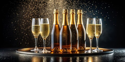 Canvas Print - A Festive Display of Sparkling Wine Bottles and Glasses on a Silver Tray with a Golden Glow