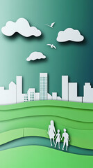 The concept of a green city and environment with a family. paper art and digital craft style.