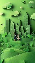 The concept of a green city and environment with a family. paper art and digital craft style.