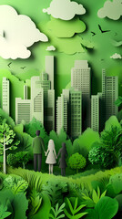 the concept of a green city and environment with a family. paper art and digital craft style.